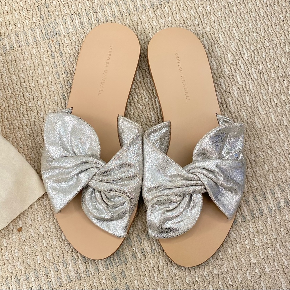 Sparkly silver slides with bow